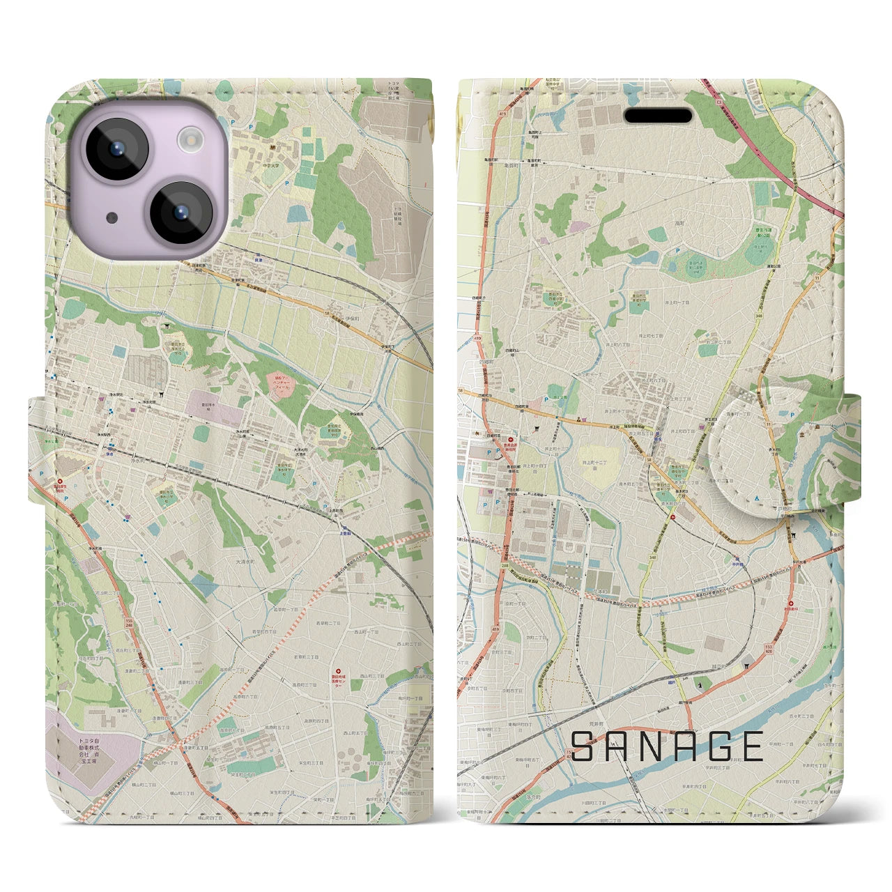 【猿投(愛知県)】地図柄iPhoneケース(手帳タイプ)ナチュラル・iPhone 14 用