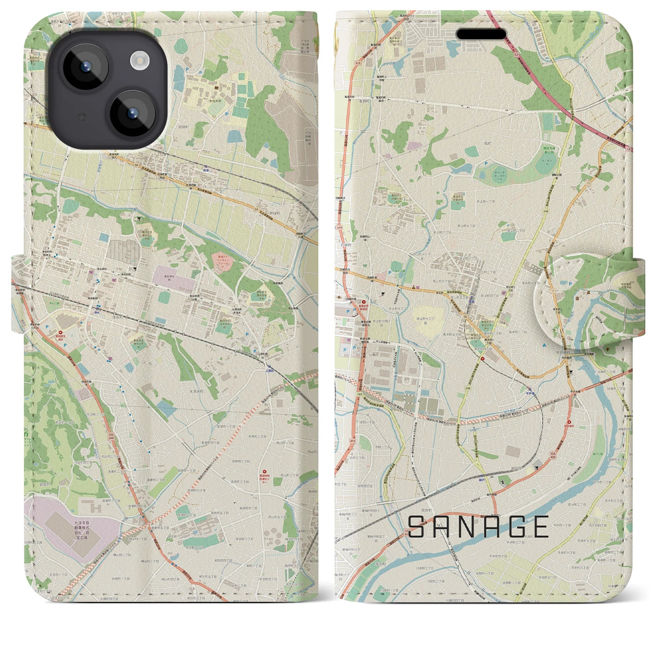 【猿投(愛知県)】地図柄iPhoneケース(手帳タイプ)ナチュラル・iPhone 14 Plus 用
