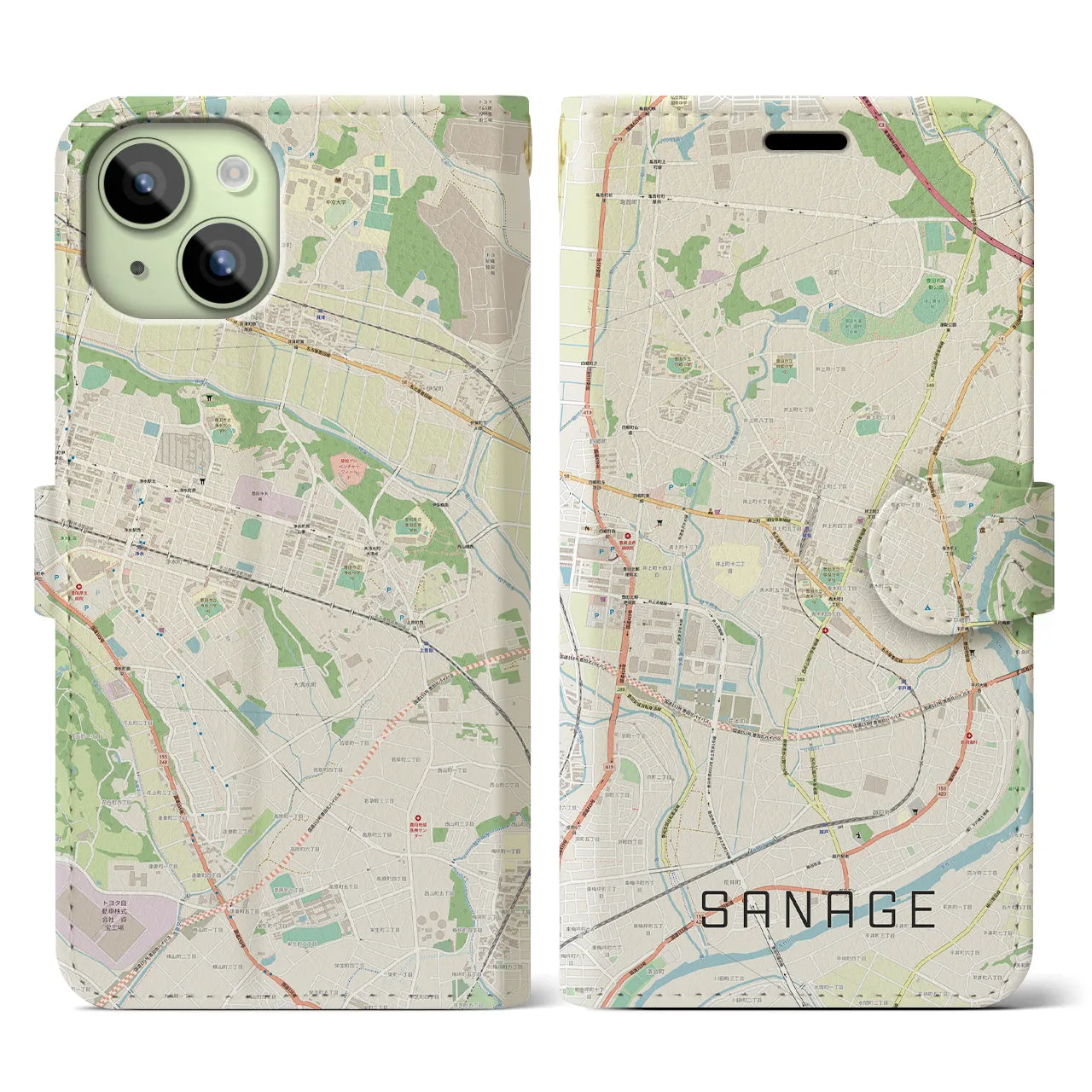 【猿投(愛知県)】地図柄iPhoneケース(手帳タイプ)ナチュラル・iPhone 15 用