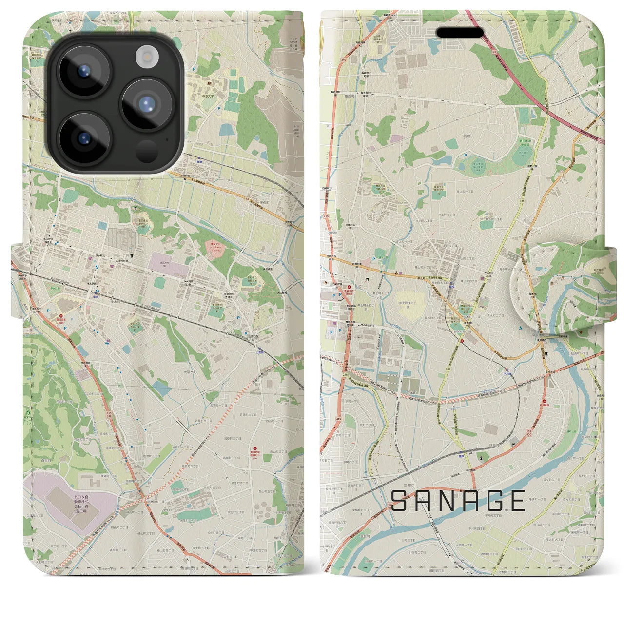 【猿投(愛知県)】地図柄iPhoneケース(手帳タイプ)ナチュラル・iPhone 15 Pro Max 用