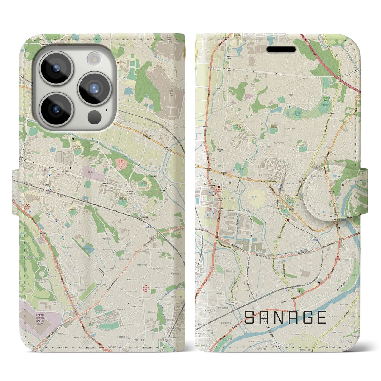 【猿投(愛知県)】地図柄iPhoneケース(手帳タイプ)ナチュラル・iPhone 15 Pro 用