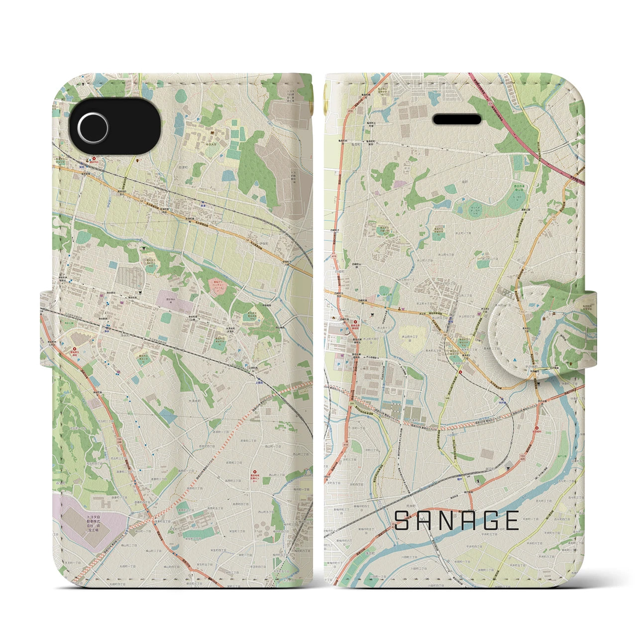 【猿投(愛知県)】地図柄iPhoneケース(手帳タイプ)ナチュラル・iPhone SE(第3 / 第2世代) / 8 / 7 / 6s / 6 用