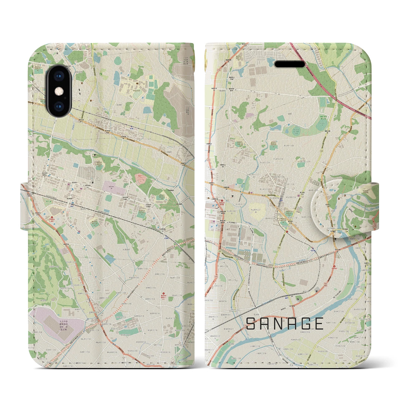 【猿投(愛知県)】地図柄iPhoneケース(手帳タイプ)ナチュラル・iPhone XS / X 用