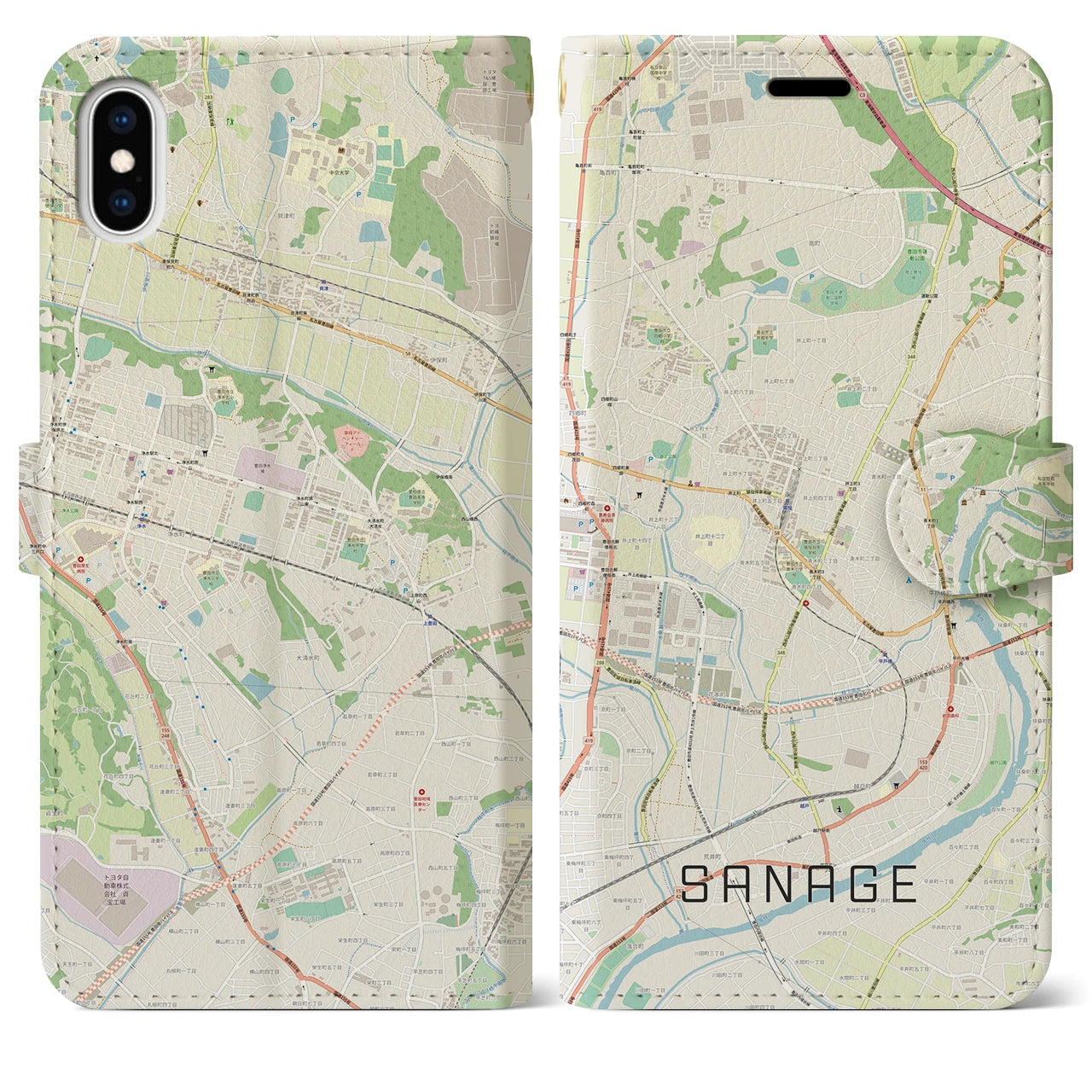 【猿投(愛知県)】地図柄iPhoneケース(手帳タイプ)ナチュラル・iPhone XS Max 用