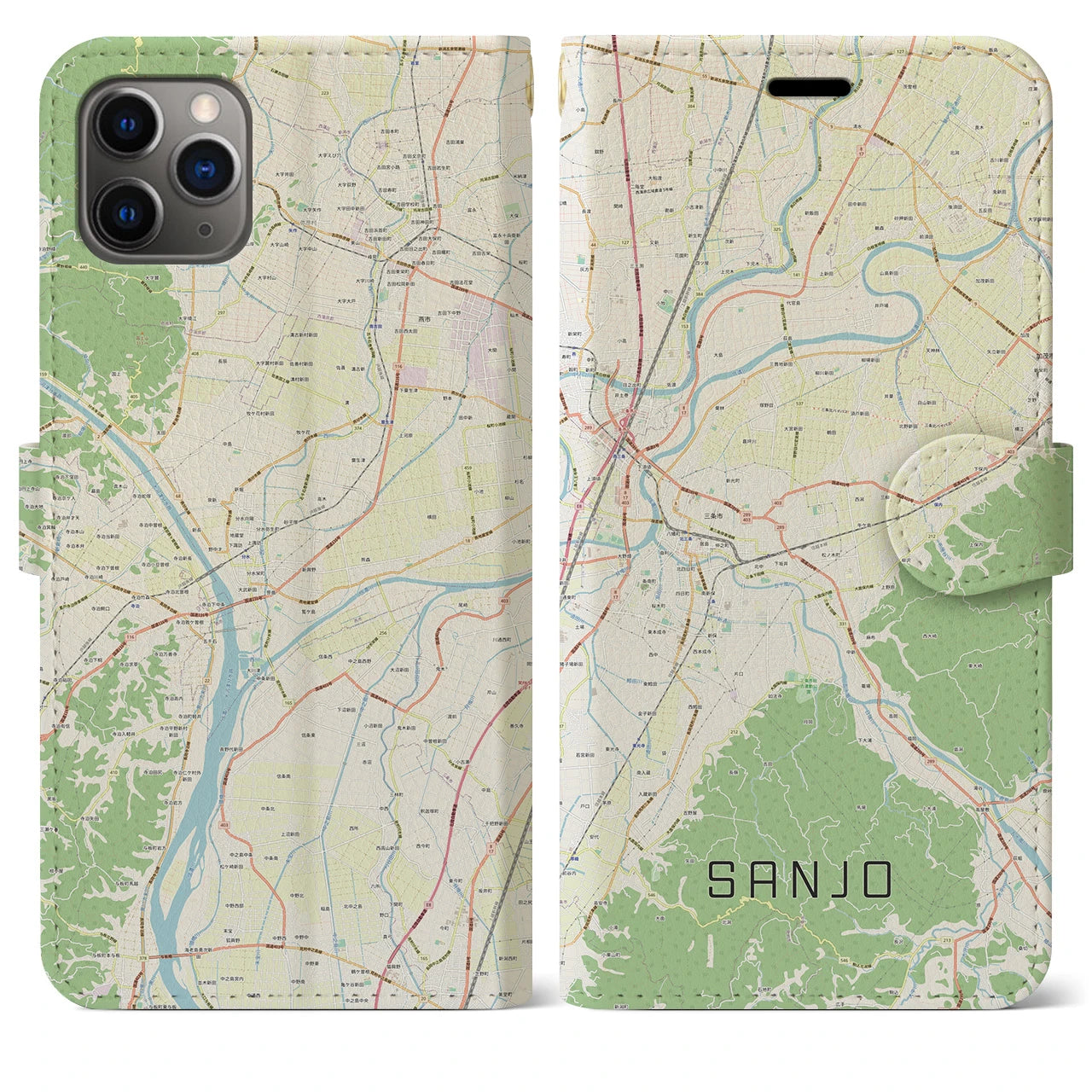【三条(新潟県)】地図柄iPhoneケース(手帳タイプ)ナチュラル・iPhone 11 Pro Max 用