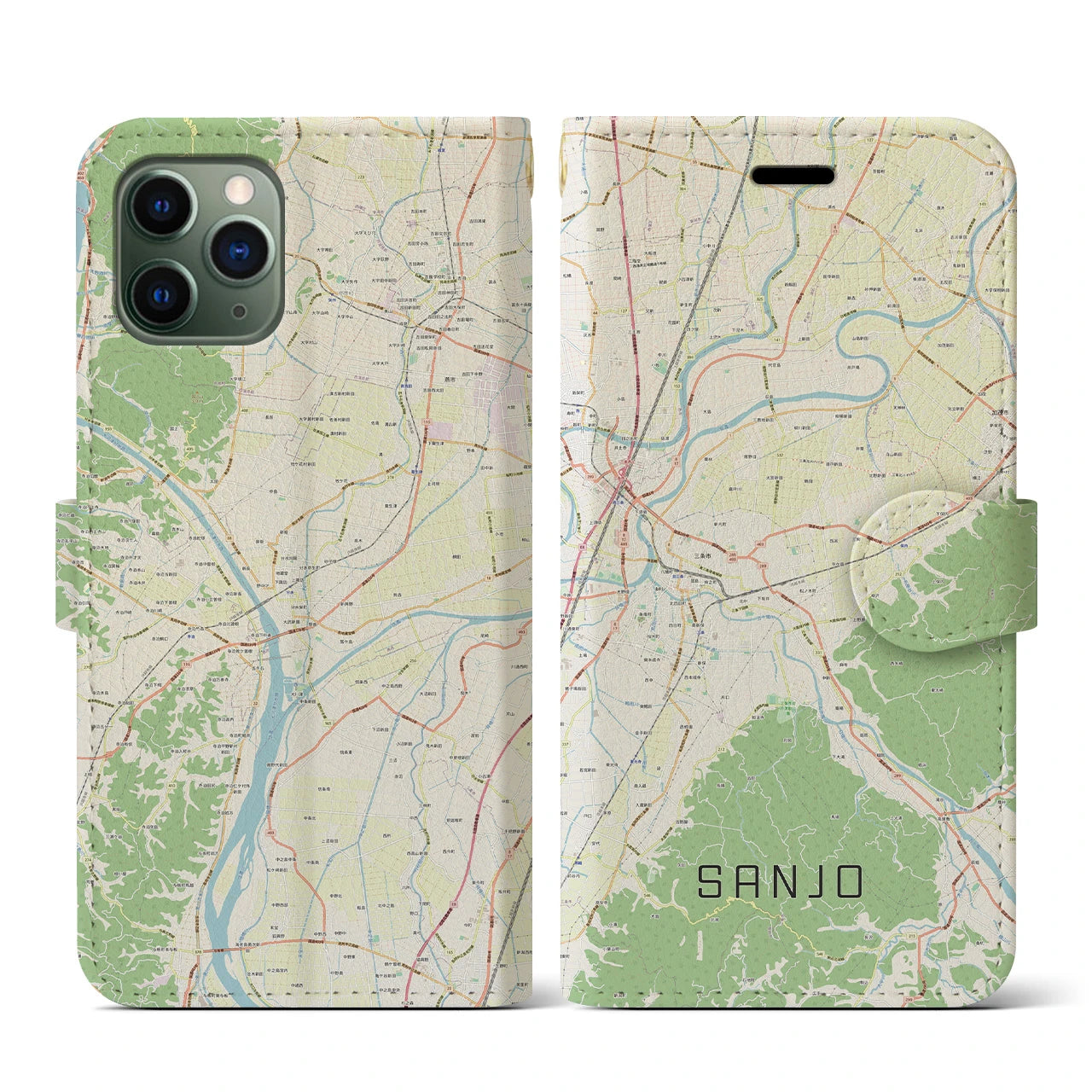 【三条(新潟県)】地図柄iPhoneケース(手帳タイプ)ナチュラル・iPhone 11 Pro 用