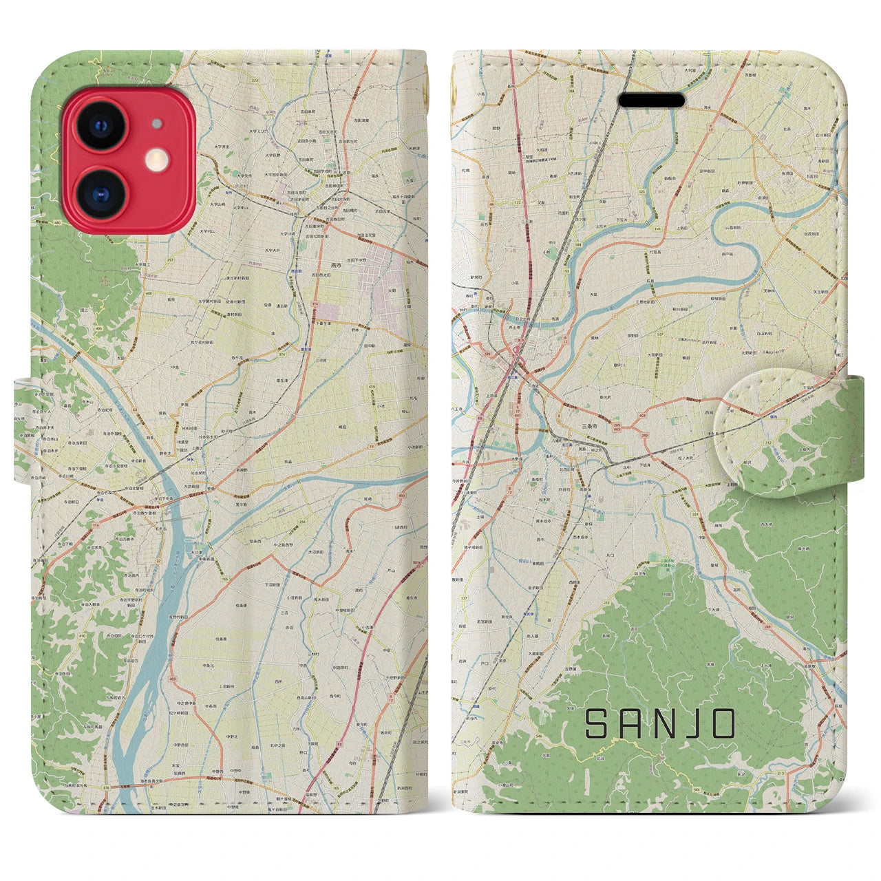 【三条(新潟県)】地図柄iPhoneケース(手帳タイプ)ナチュラル・iPhone 11 用