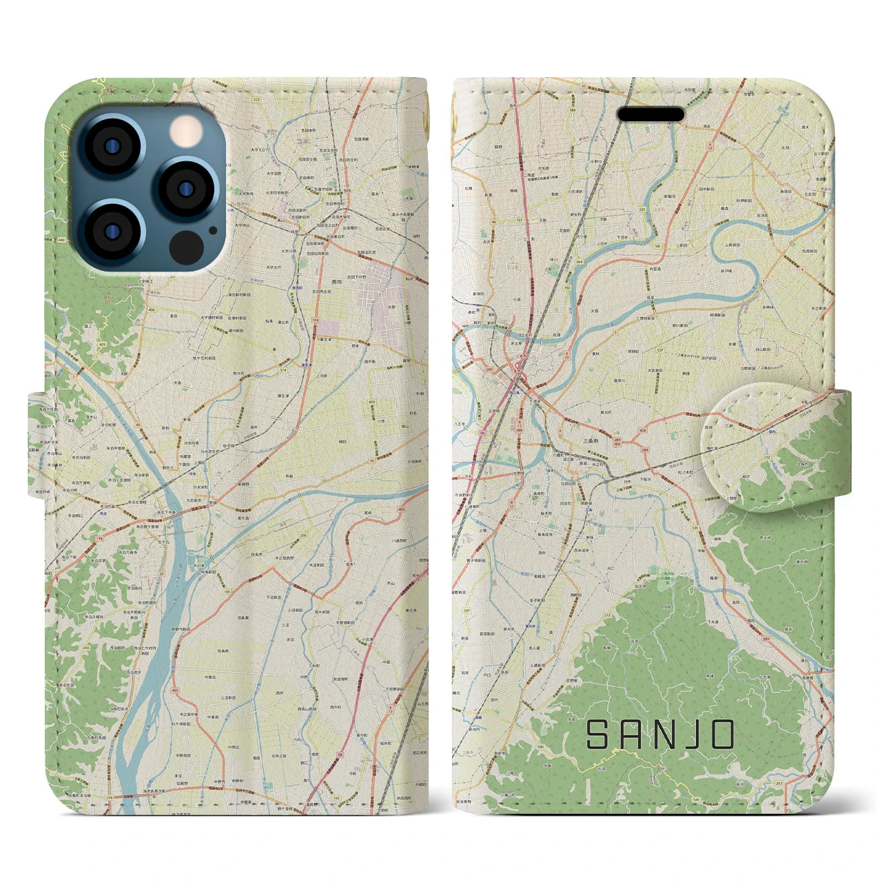 【三条(新潟県)】地図柄iPhoneケース(手帳タイプ)ナチュラル・iPhone 12 / 12 Pro 用