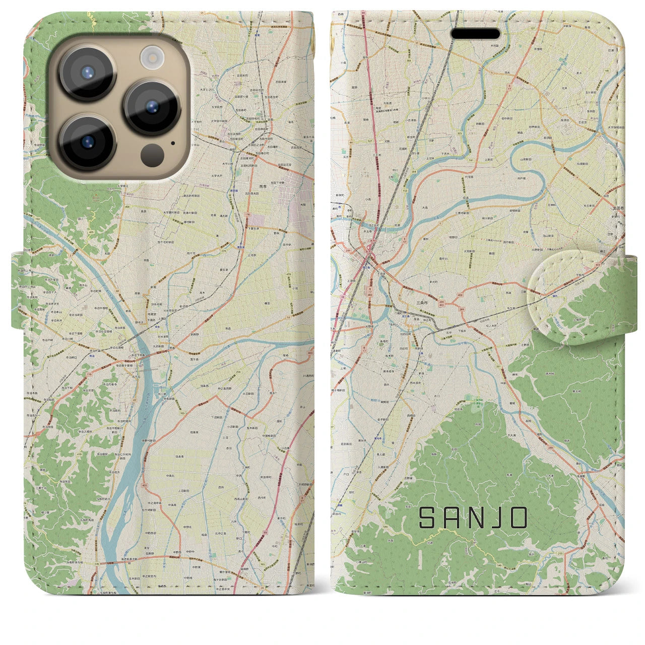 【三条(新潟県)】地図柄iPhoneケース(手帳タイプ)ナチュラル・iPhone 14 Pro Max 用