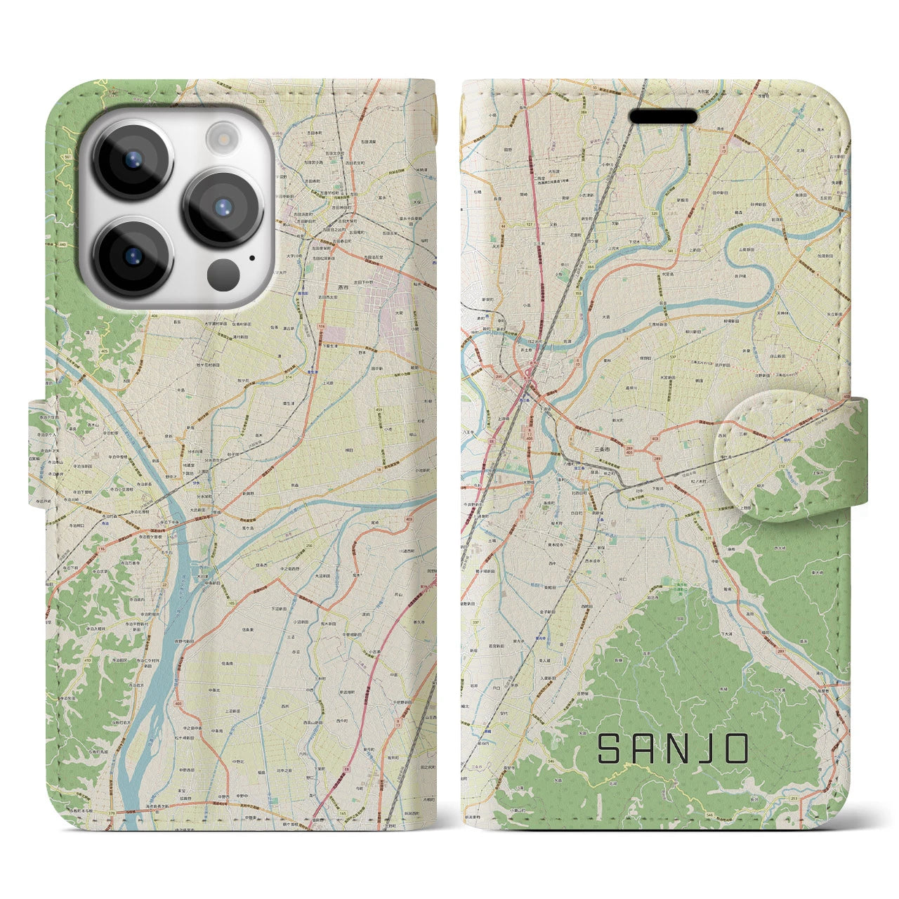 【三条(新潟県)】地図柄iPhoneケース(手帳タイプ)ナチュラル・iPhone 14 Pro 用