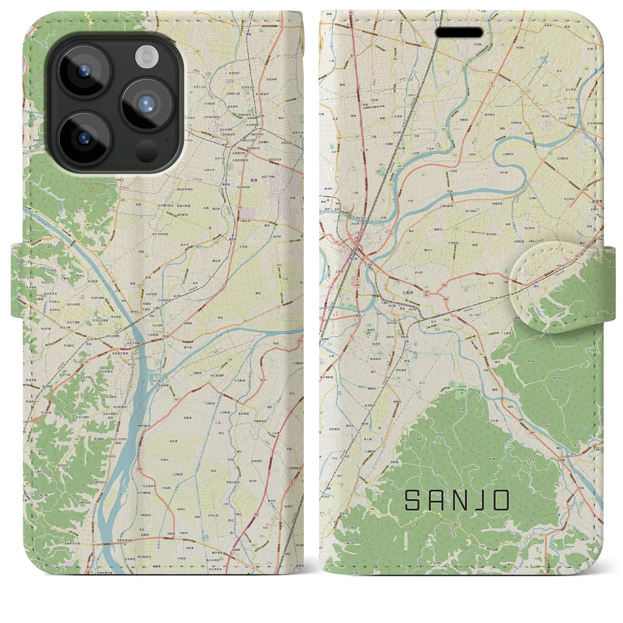 【三条(新潟県)】地図柄iPhoneケース(手帳タイプ)ナチュラル・iPhone 15 Pro Max 用