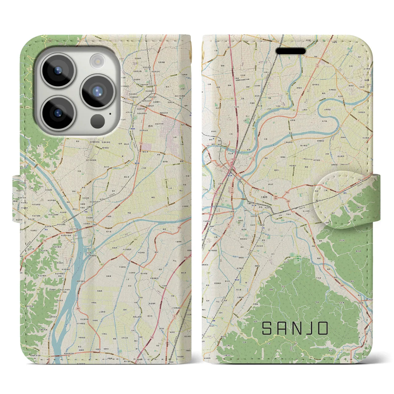 【三条(新潟県)】地図柄iPhoneケース(手帳タイプ)ナチュラル・iPhone 15 Pro 用