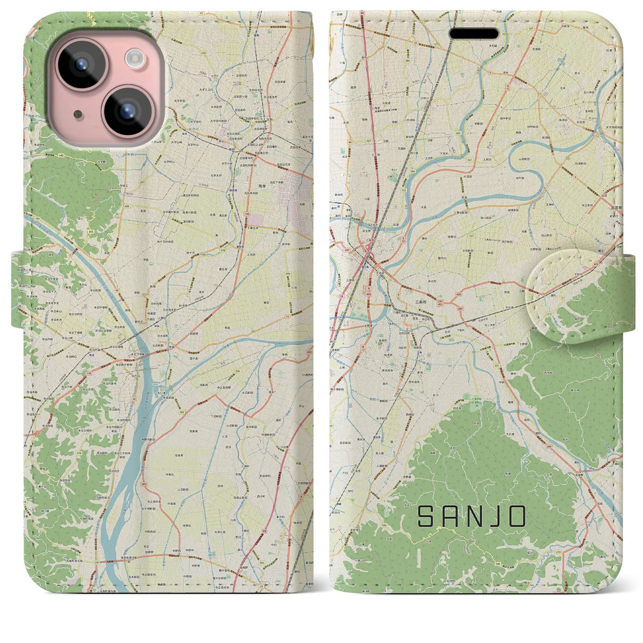 【三条(新潟県)】地図柄iPhoneケース(手帳タイプ)ナチュラル・iPhone 15 Plus 用