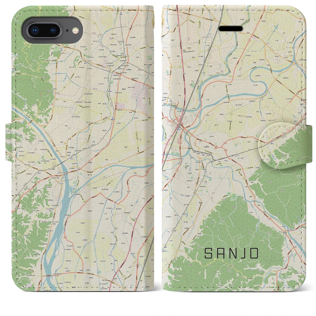 【三条(新潟県)】地図柄iPhoneケース(手帳タイプ)ナチュラル・iPhone 8Plus /7Plus / 6sPlus / 6Plus 用
