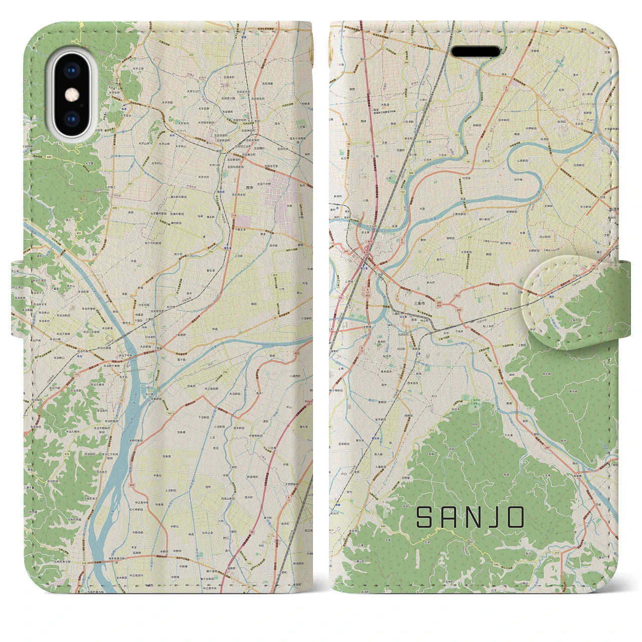 【三条(新潟県)】地図柄iPhoneケース(手帳タイプ)ナチュラル・iPhone XS Max 用