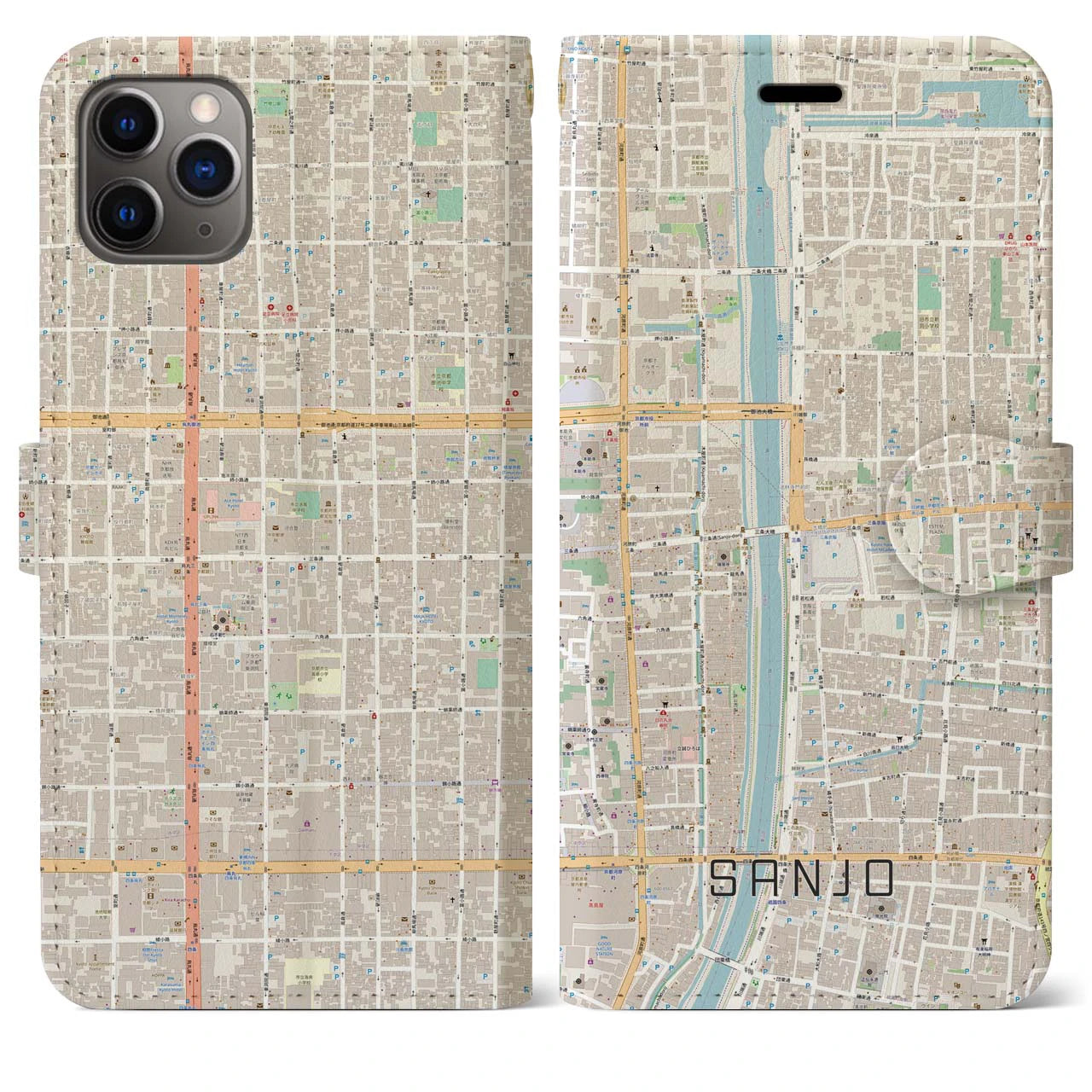 【三条(京都府)】地図柄iPhoneケース(手帳タイプ)ナチュラル・iPhone 11 Pro Max 用