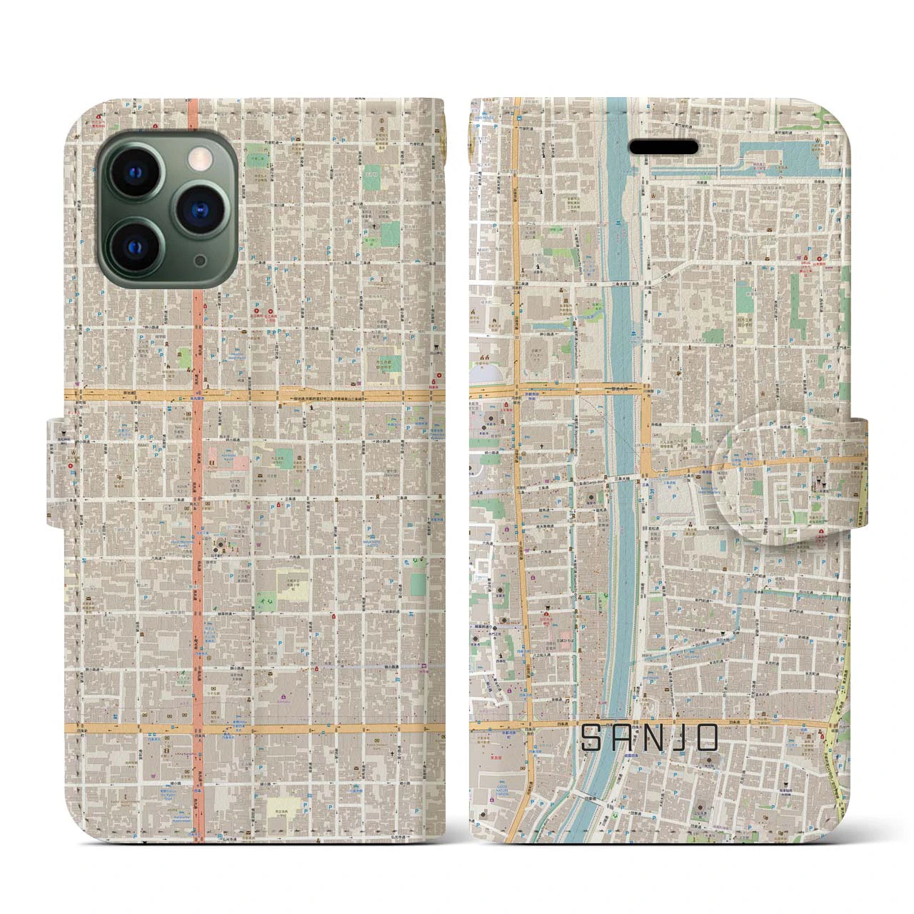 【三条(京都府)】地図柄iPhoneケース(手帳タイプ)ナチュラル・iPhone 11 Pro 用