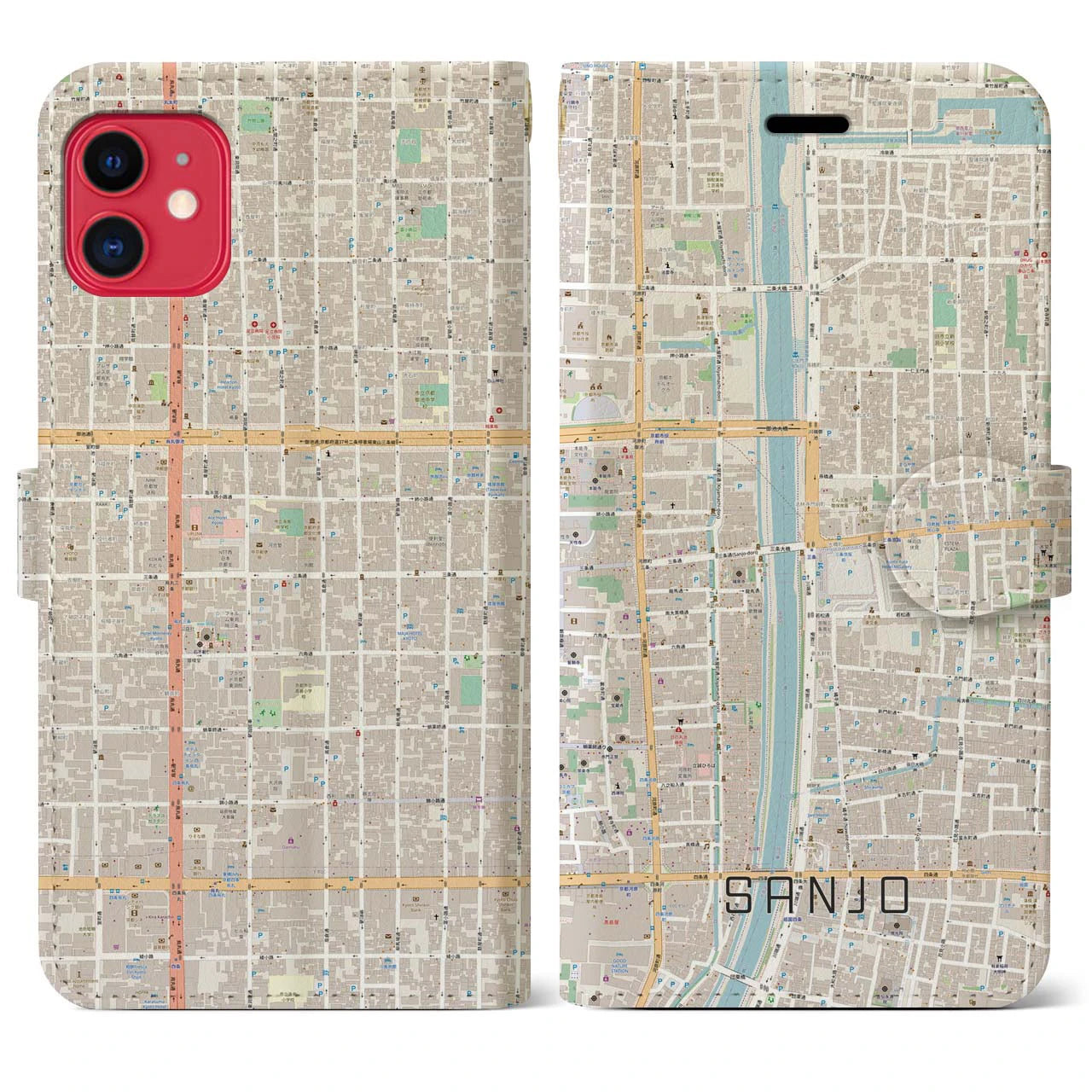 【三条(京都府)】地図柄iPhoneケース(手帳タイプ)ナチュラル・iPhone 11 用