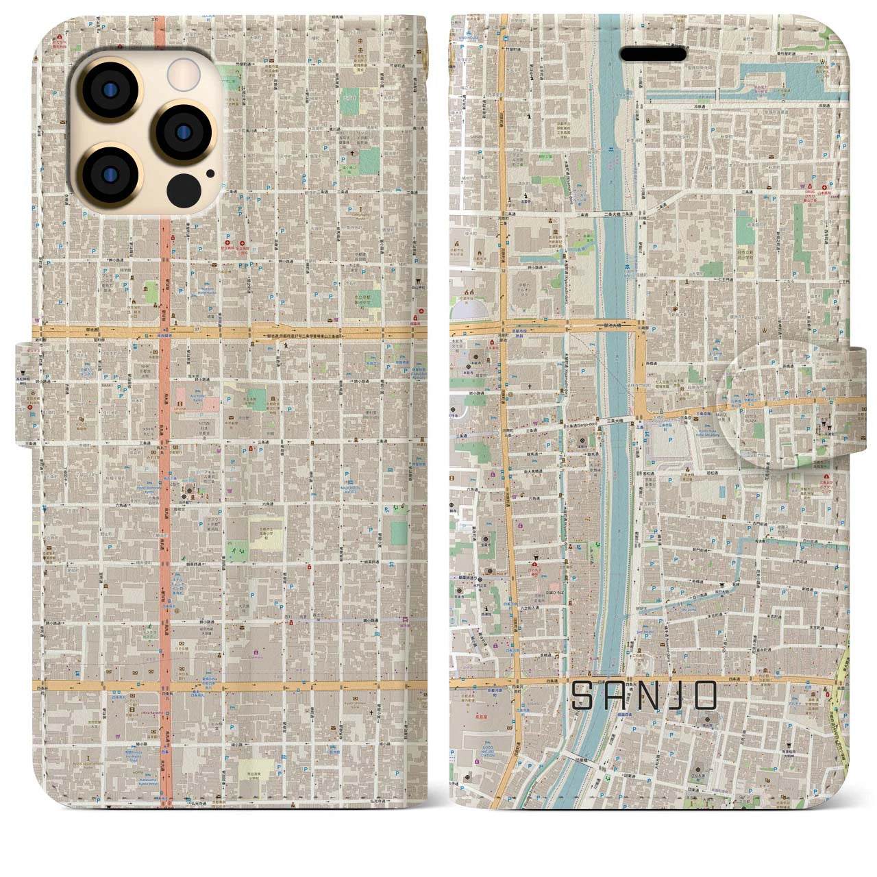 【三条(京都府)】地図柄iPhoneケース(手帳タイプ)ナチュラル・iPhone 12 Pro Max 用