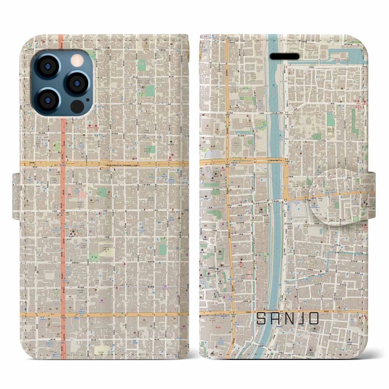 【三条(京都府)】地図柄iPhoneケース(手帳タイプ)ナチュラル・iPhone 12 / 12 Pro 用