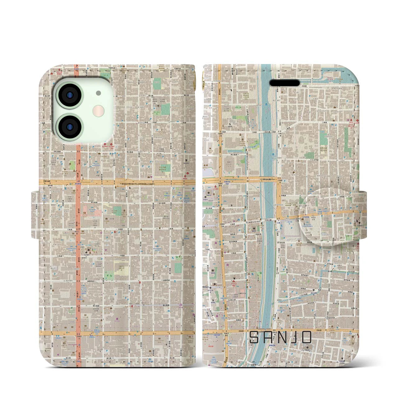 【三条(京都府)】地図柄iPhoneケース(手帳タイプ)ナチュラル・iPhone 12 mini 用