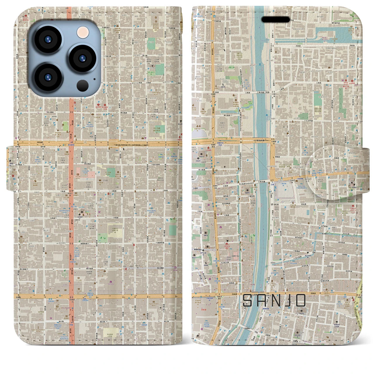 【三条(京都府)】地図柄iPhoneケース(手帳タイプ)ナチュラル・iPhone 13 Pro Max 用