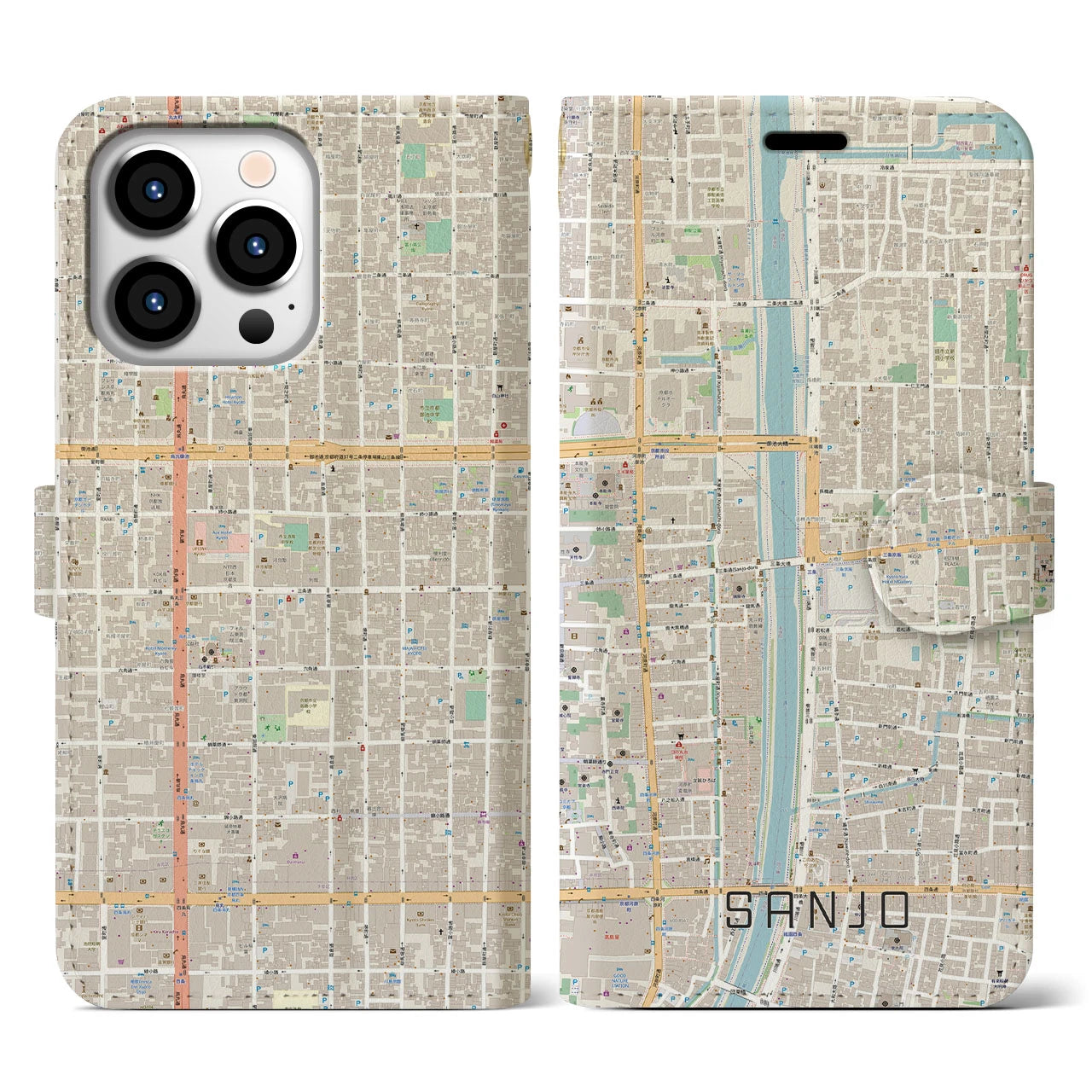 【三条(京都府)】地図柄iPhoneケース(手帳タイプ)ナチュラル・iPhone 13 Pro 用