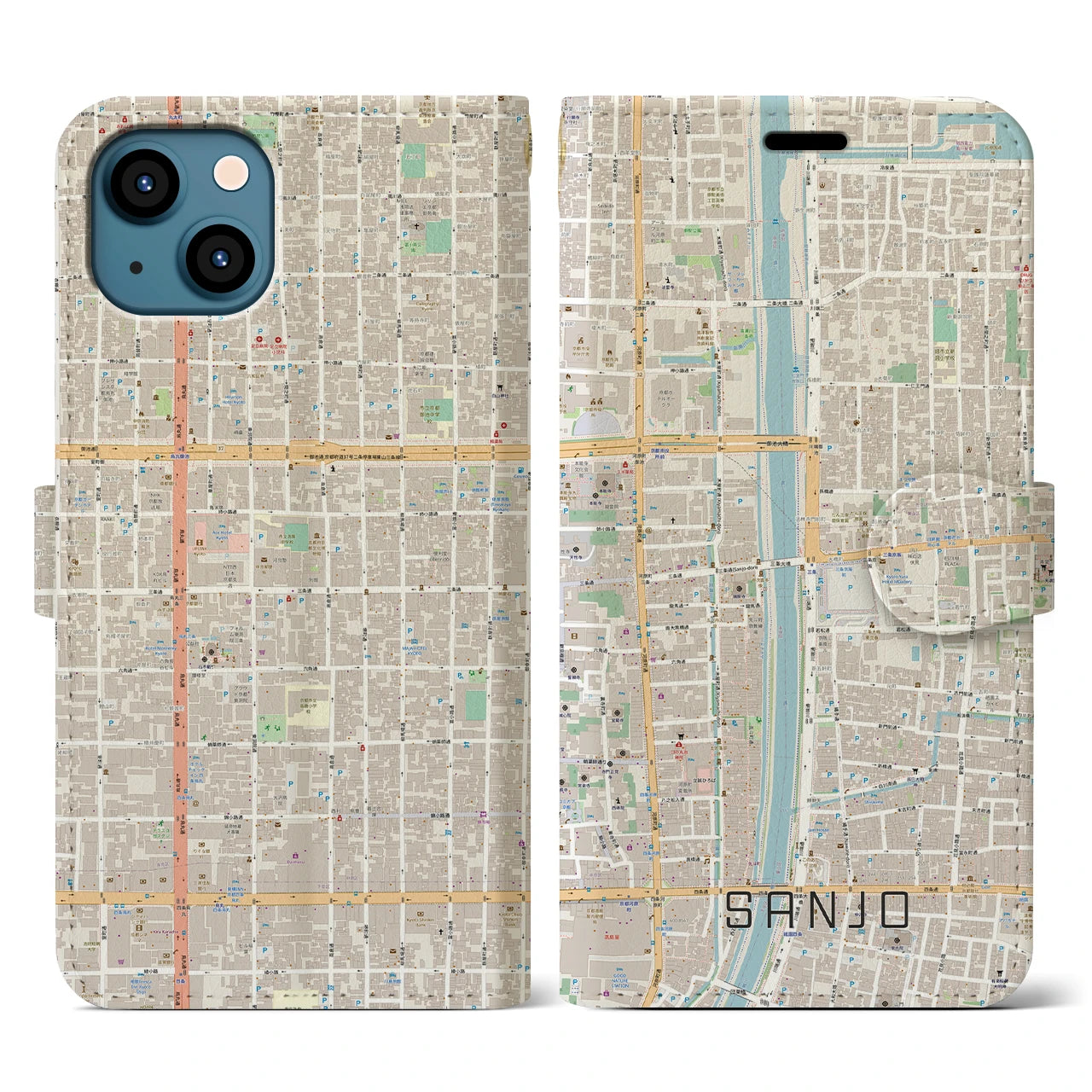 【三条(京都府)】地図柄iPhoneケース(手帳タイプ)ナチュラル・iPhone 13 用