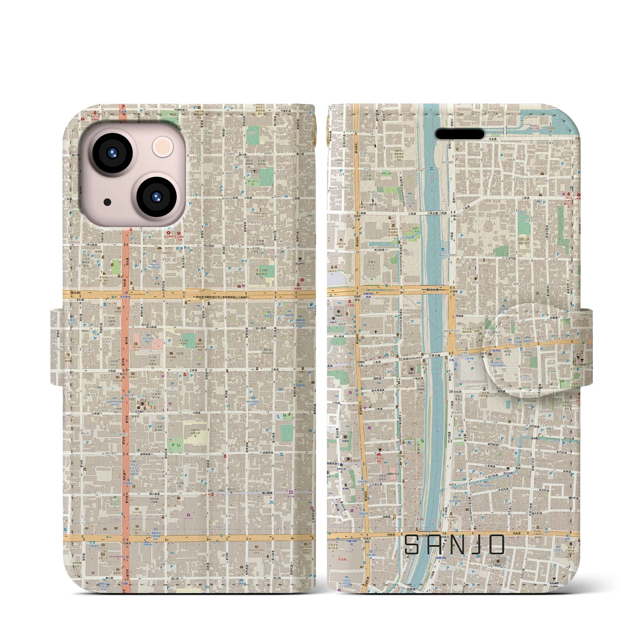【三条(京都府)】地図柄iPhoneケース(手帳タイプ)ナチュラル・iPhone 13 mini 用