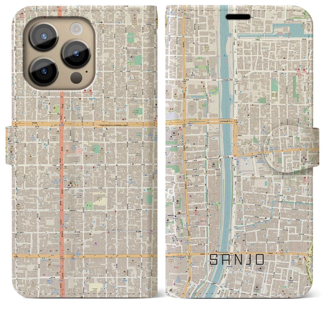 【三条(京都府)】地図柄iPhoneケース(手帳タイプ)ナチュラル・iPhone 14 Pro Max 用