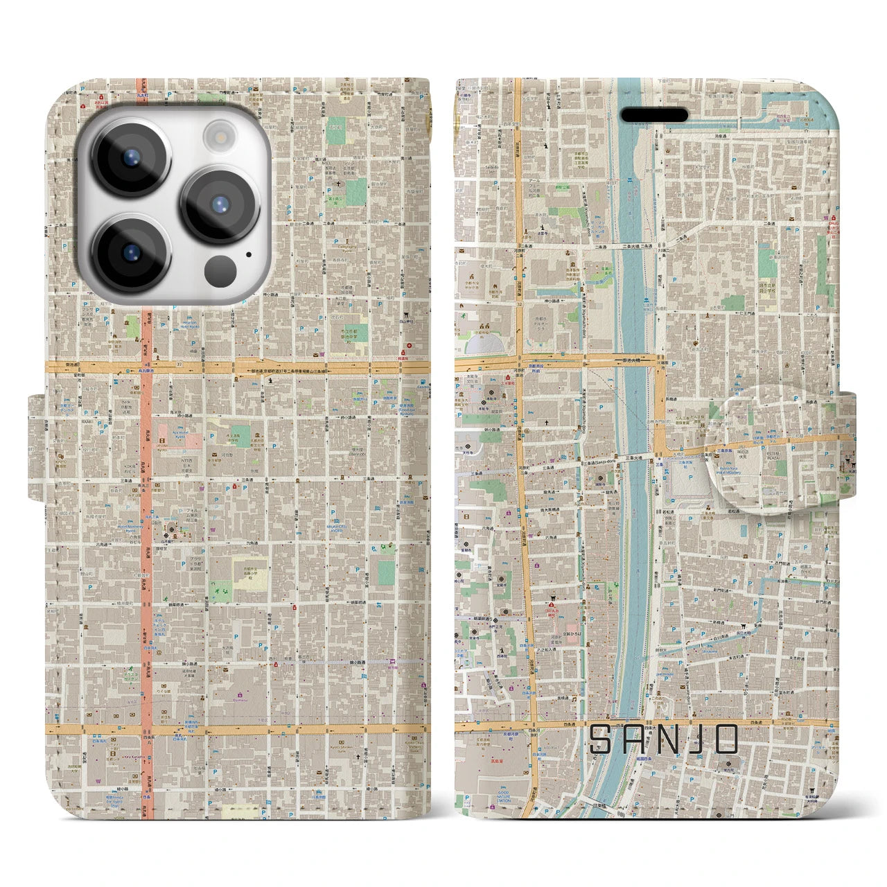 【三条(京都府)】地図柄iPhoneケース(手帳タイプ)ナチュラル・iPhone 14 Pro 用