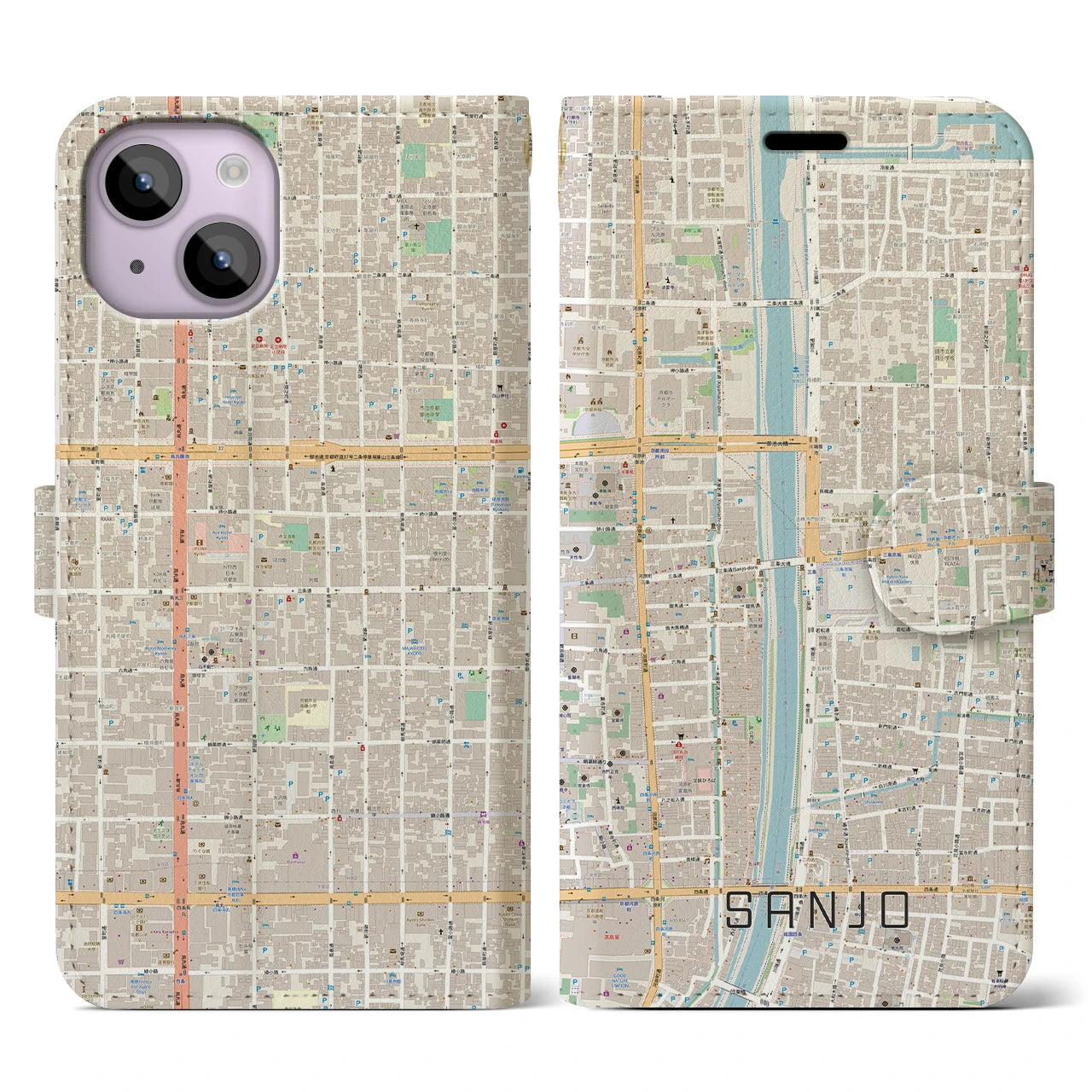 【三条(京都府)】地図柄iPhoneケース(手帳タイプ)ナチュラル・iPhone 14 用