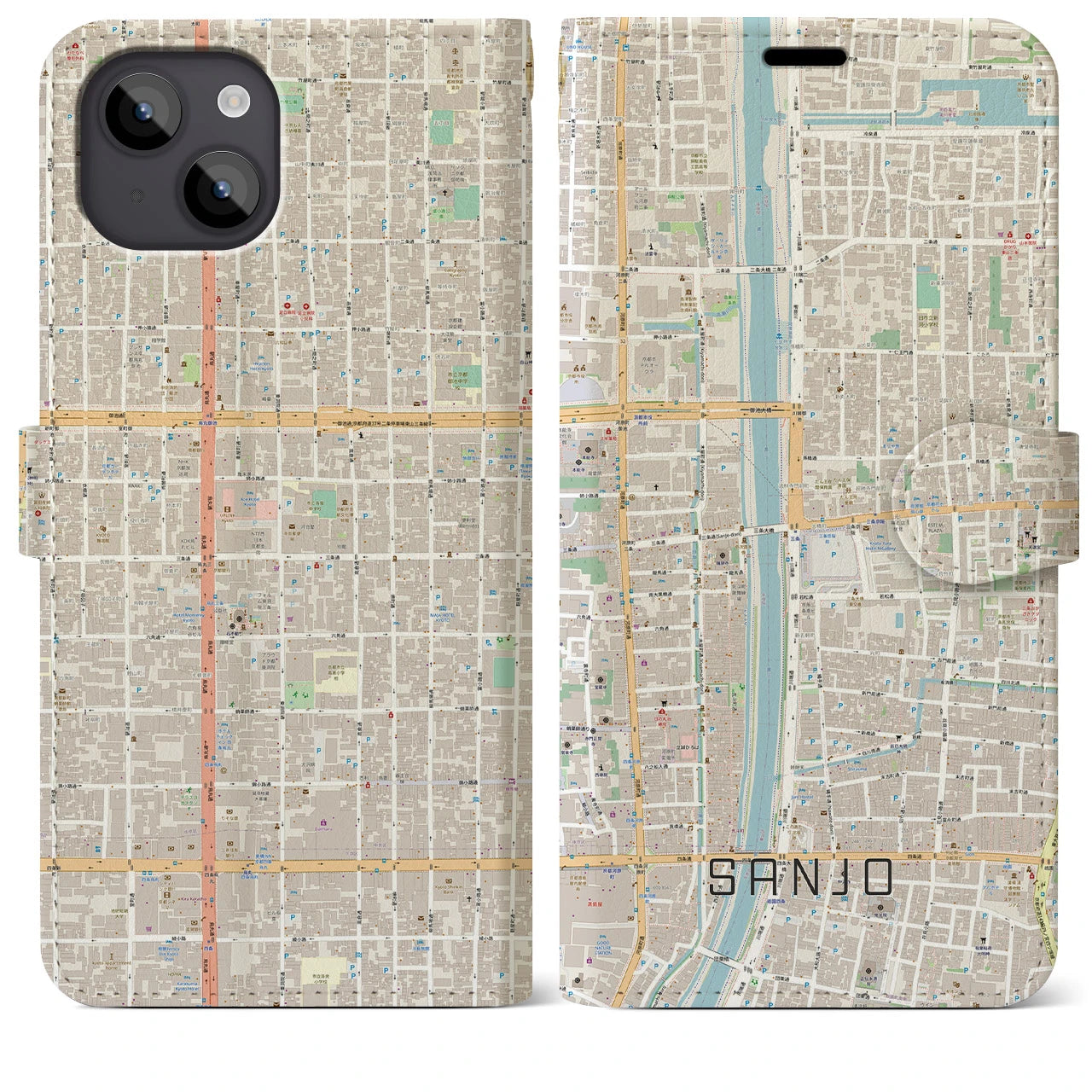 【三条(京都府)】地図柄iPhoneケース(手帳タイプ)ナチュラル・iPhone 14 Plus 用