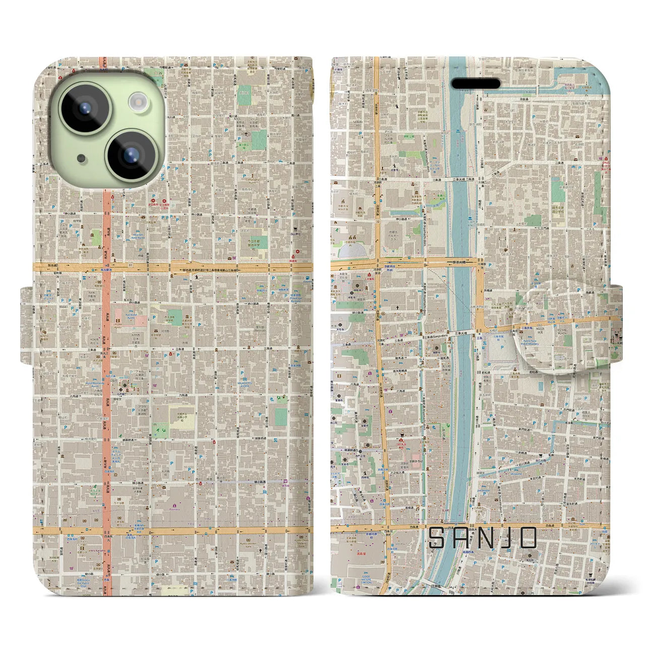 【三条(京都府)】地図柄iPhoneケース(手帳タイプ)ナチュラル・iPhone 15 用