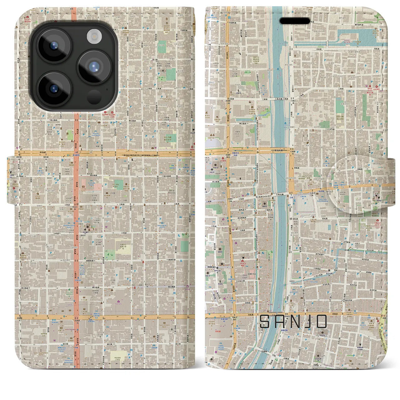 【三条(京都府)】地図柄iPhoneケース(手帳タイプ)ナチュラル・iPhone 15 Pro Max 用