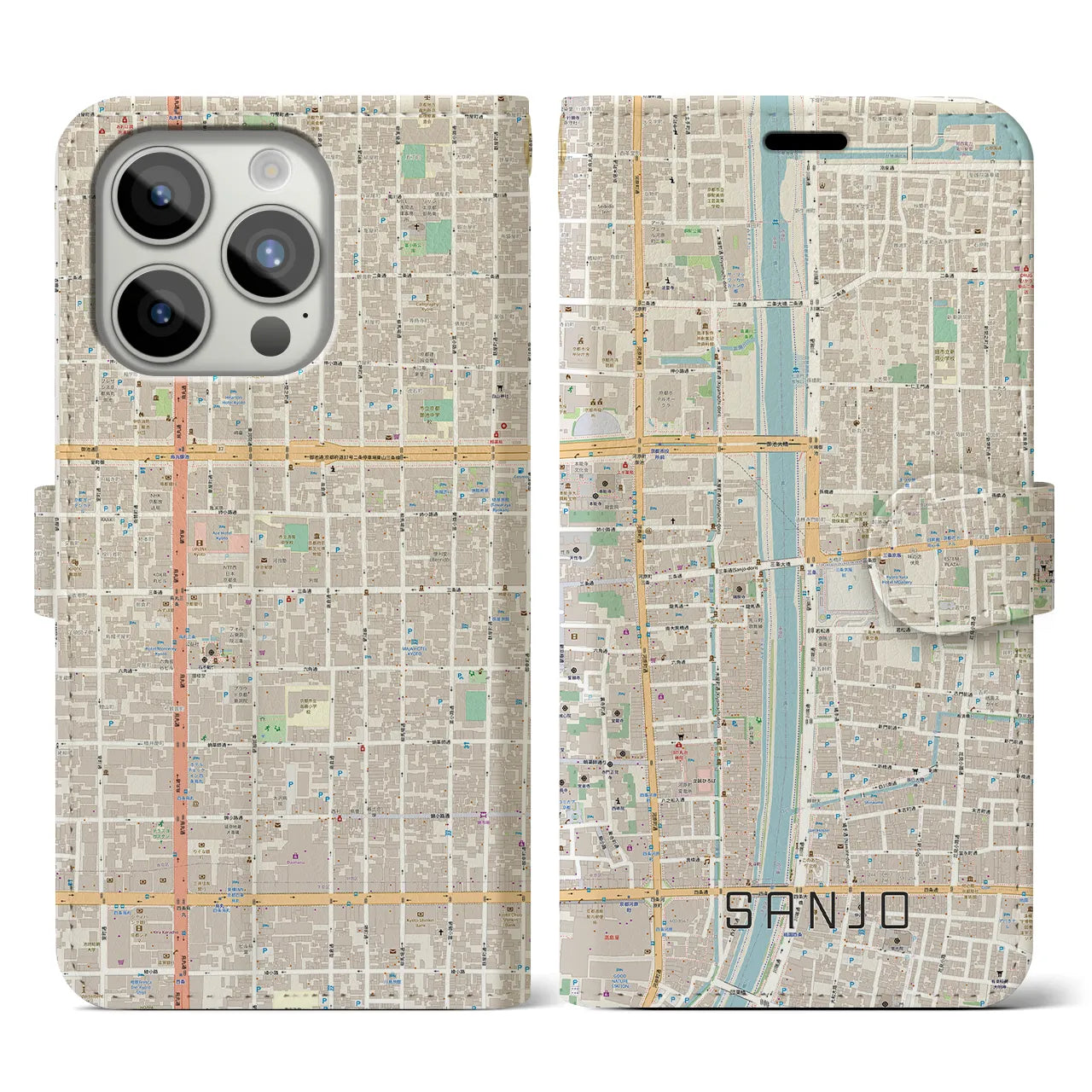 【三条(京都府)】地図柄iPhoneケース(手帳タイプ)ナチュラル・iPhone 15 Pro 用