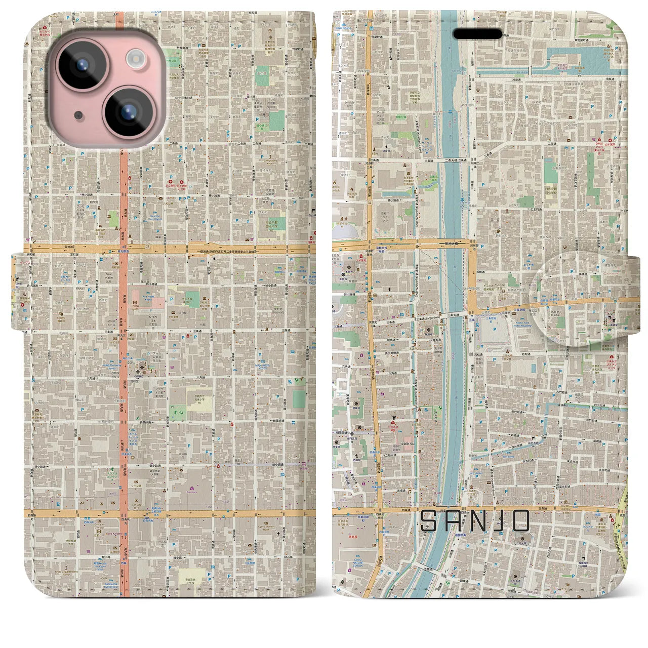 【三条(京都府)】地図柄iPhoneケース(手帳タイプ)ナチュラル・iPhone 15 Plus 用