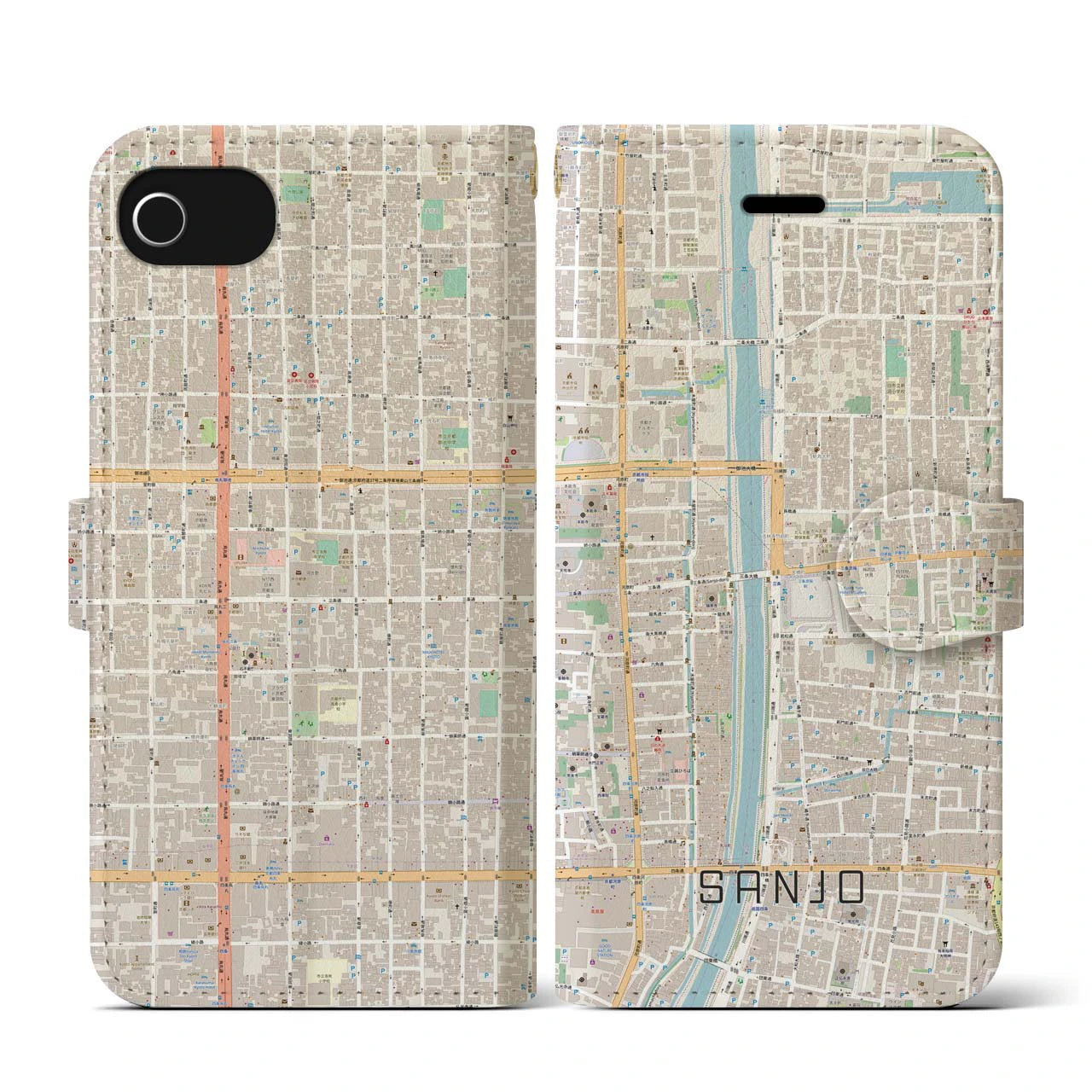 【三条(京都府)】地図柄iPhoneケース(手帳タイプ)ナチュラル・iPhone SE(第3 / 第2世代) / 8 / 7 / 6s / 6 用