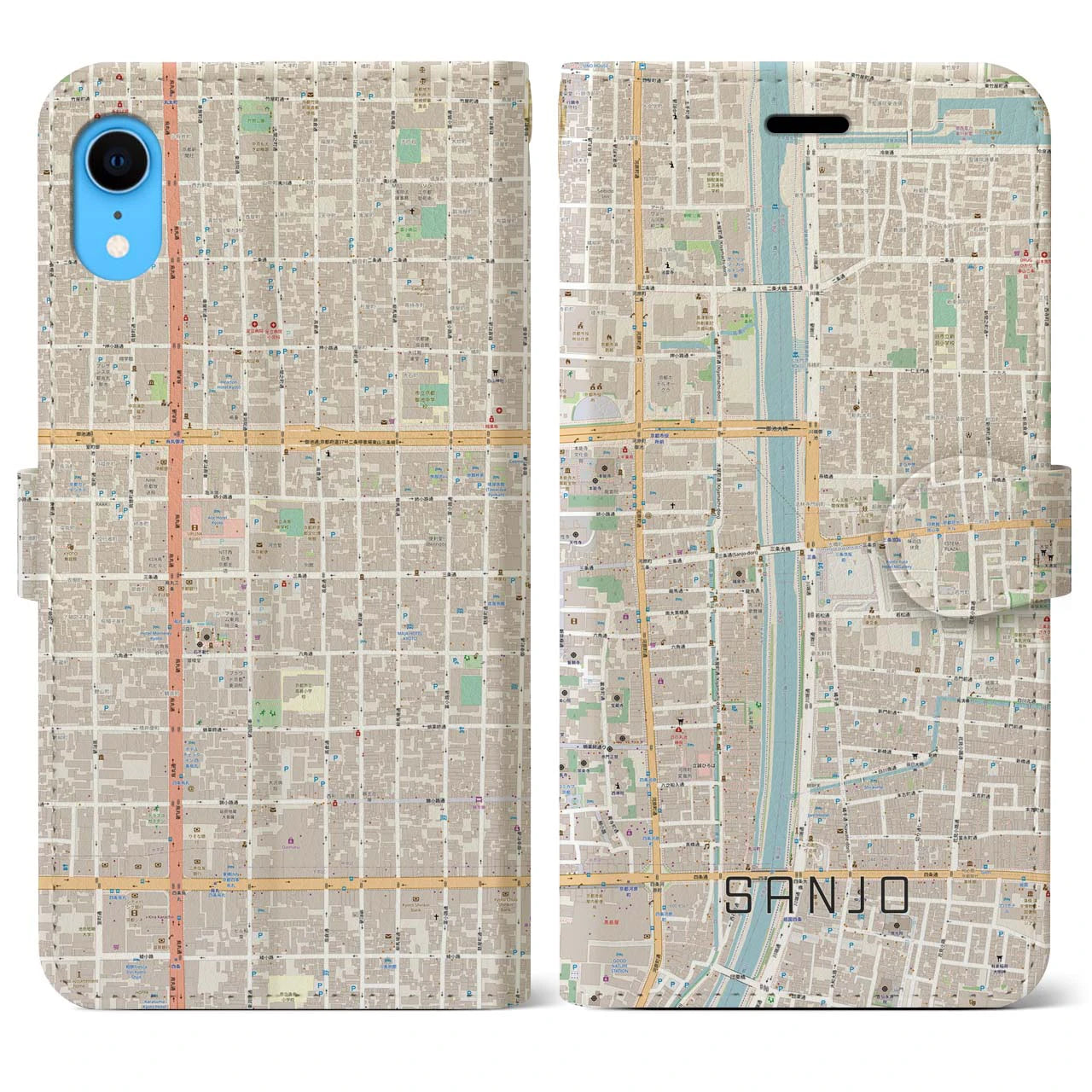 【三条(京都府)】地図柄iPhoneケース(手帳タイプ)ナチュラル・iPhone XR 用