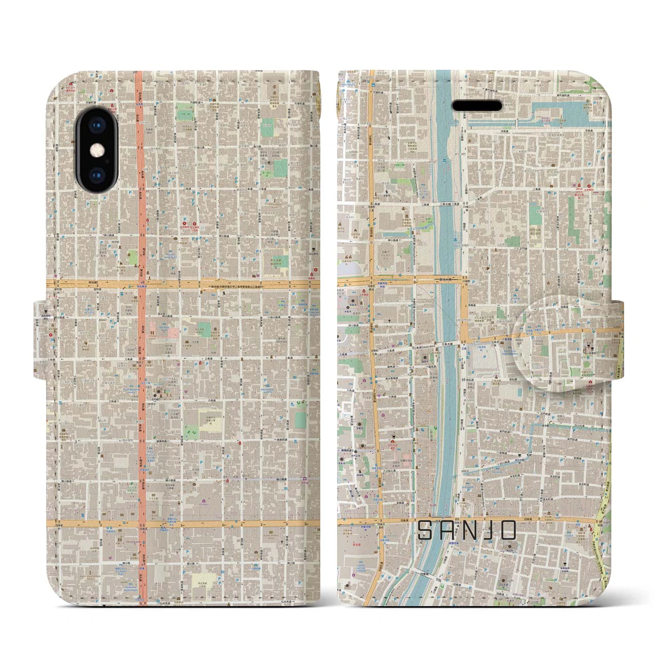【三条(京都府)】地図柄iPhoneケース(手帳タイプ)ナチュラル・iPhone XS / X 用