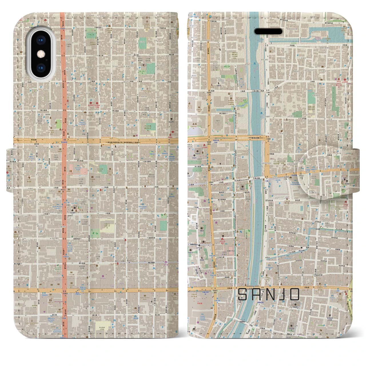 【三条(京都府)】地図柄iPhoneケース(手帳タイプ)ナチュラル・iPhone XS Max 用