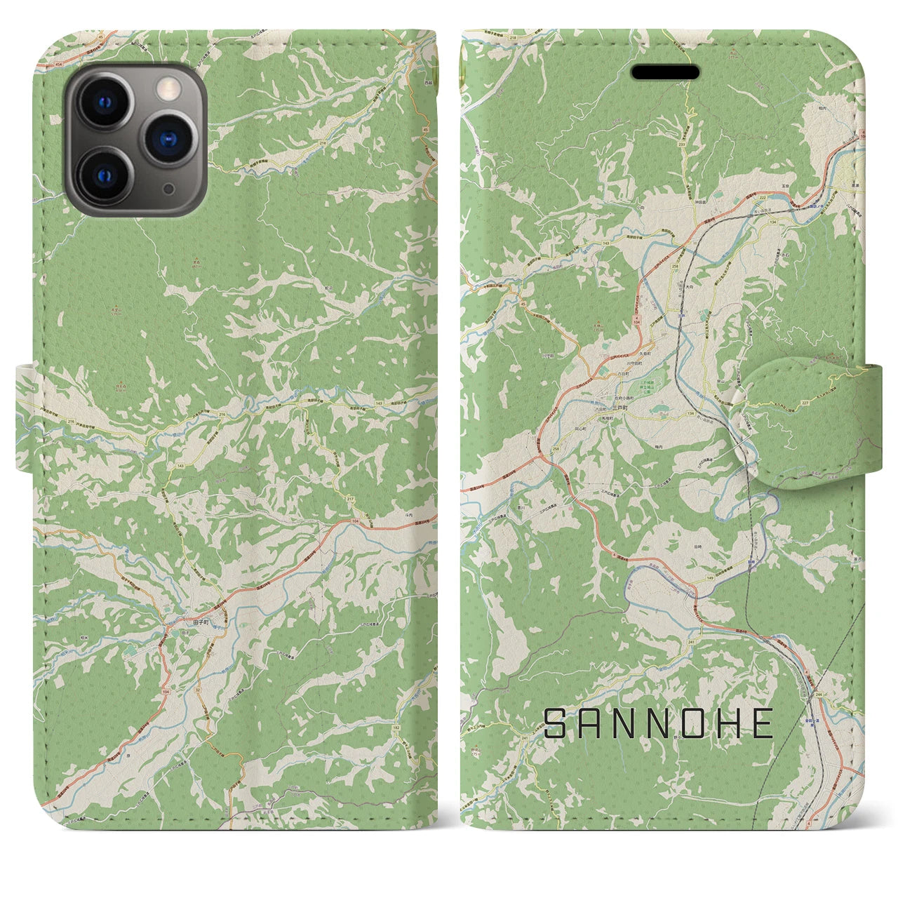 【三戸(青森県)】地図柄iPhoneケース(手帳タイプ)ナチュラル・iPhone 11 Pro Max 用