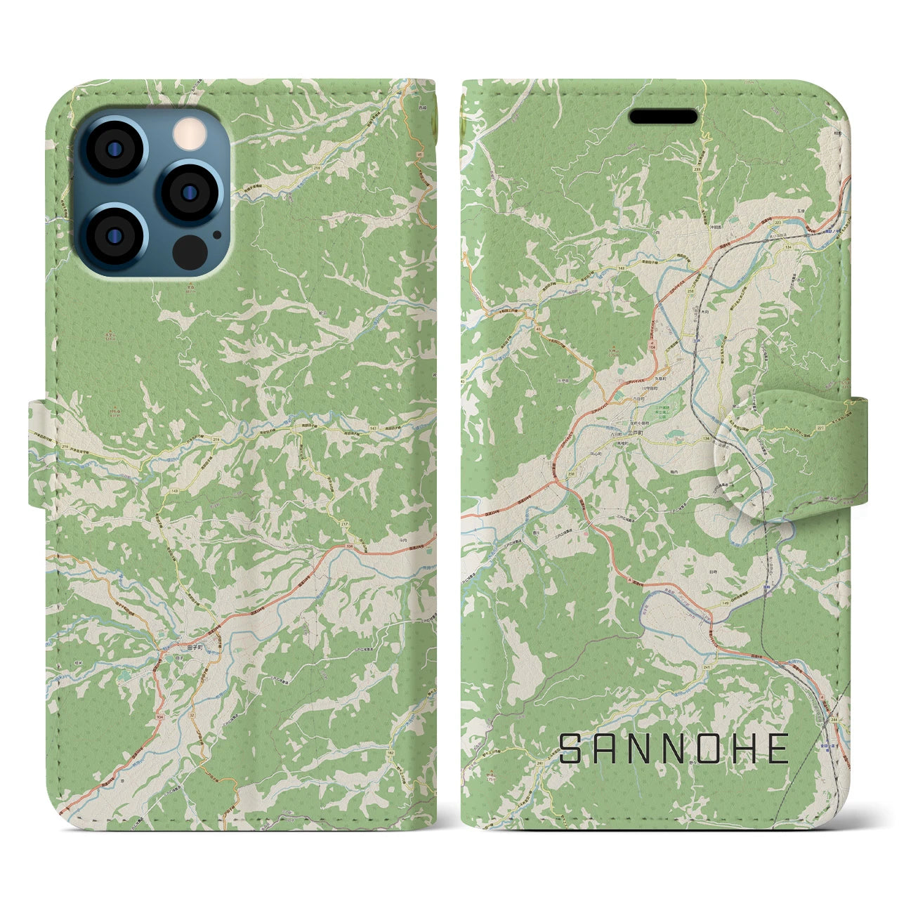 【三戸(青森県)】地図柄iPhoneケース(手帳タイプ)ナチュラル・iPhone 12 / 12 Pro 用