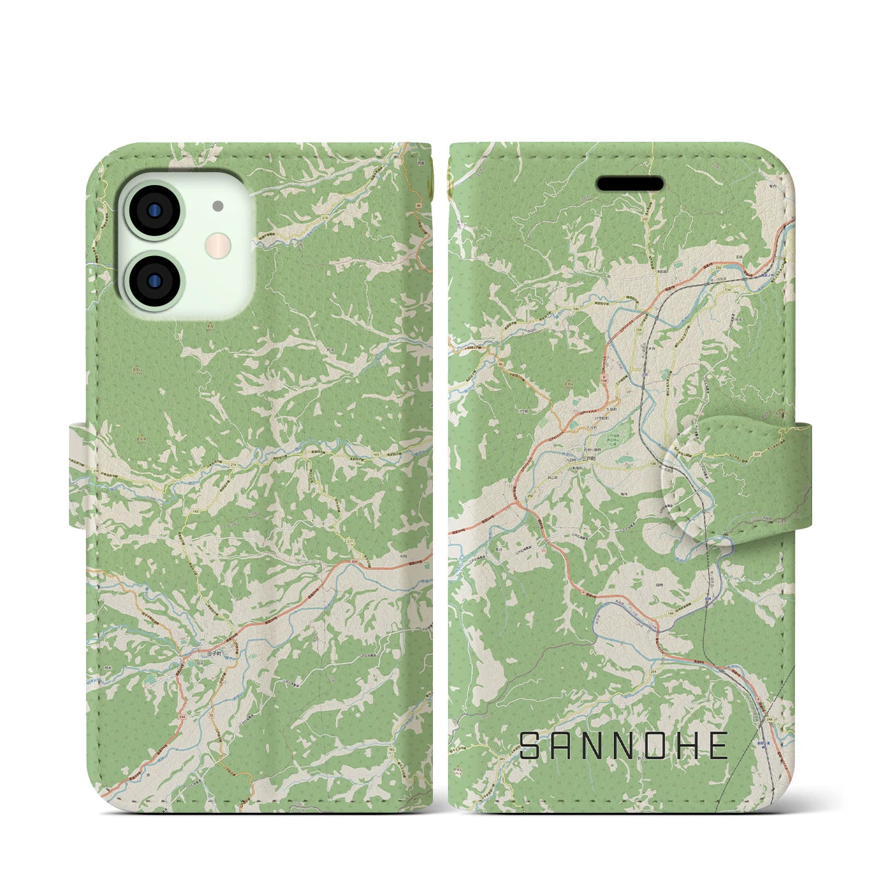 【三戸(青森県)】地図柄iPhoneケース(手帳タイプ)ナチュラル・iPhone 12 mini 用