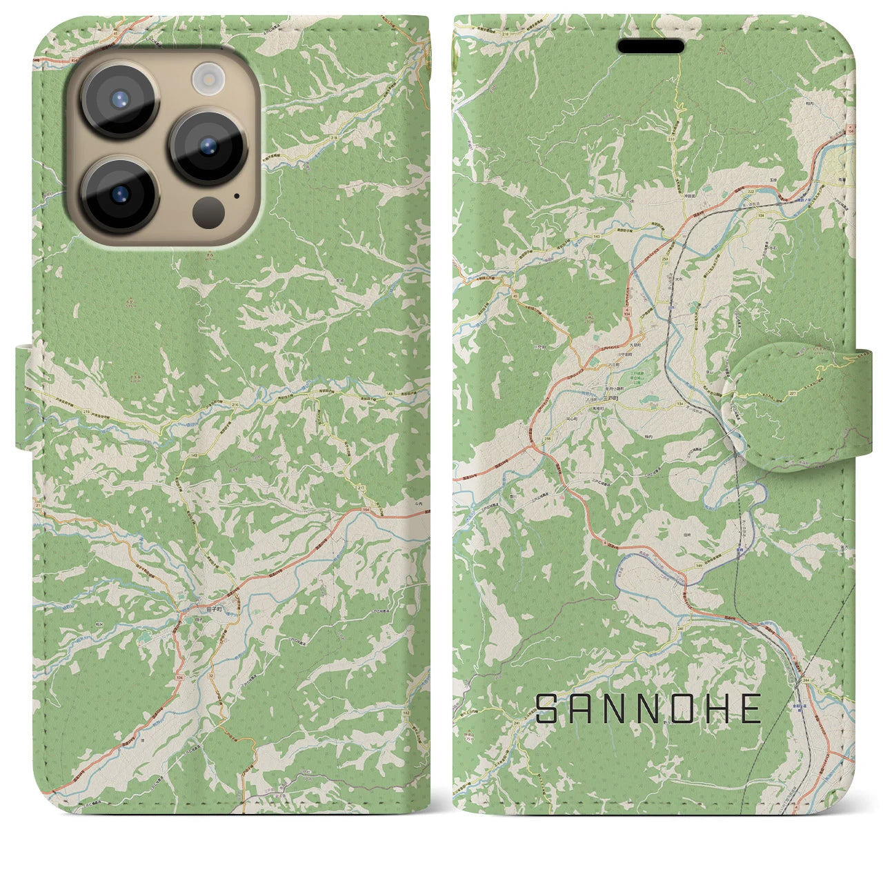 【三戸(青森県)】地図柄iPhoneケース(手帳タイプ)ナチュラル・iPhone 14 Pro Max 用