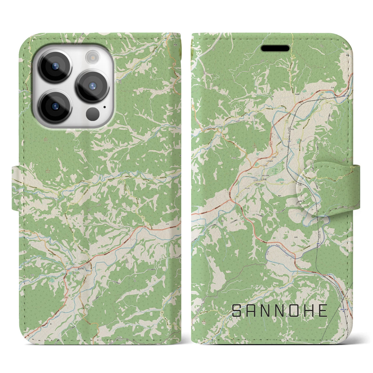 【三戸(青森県)】地図柄iPhoneケース(手帳タイプ)ナチュラル・iPhone 14 Pro 用