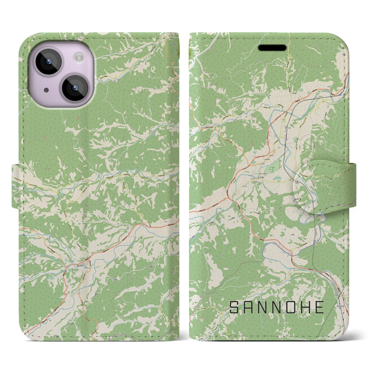 【三戸(青森県)】地図柄iPhoneケース(手帳タイプ)ナチュラル・iPhone 14 用
