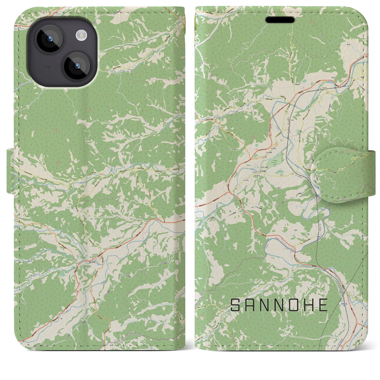 【三戸(青森県)】地図柄iPhoneケース(手帳タイプ)ナチュラル・iPhone 14 Plus 用