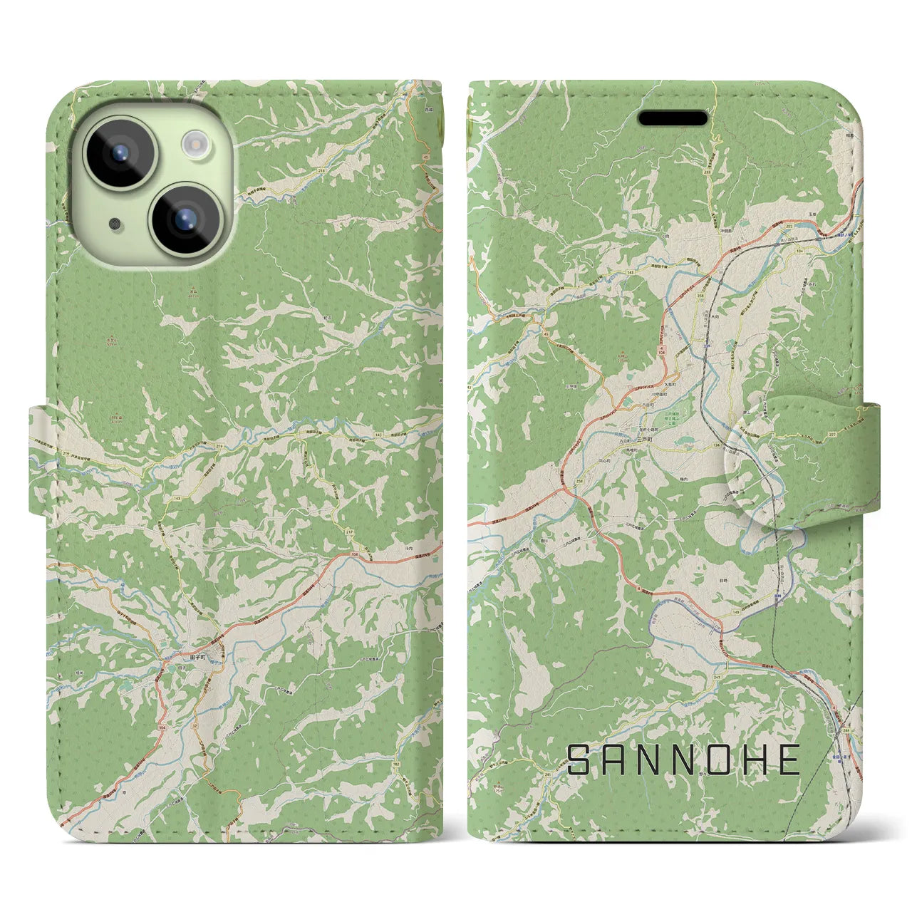 【三戸(青森県)】地図柄iPhoneケース(手帳タイプ)ナチュラル・iPhone 15 用