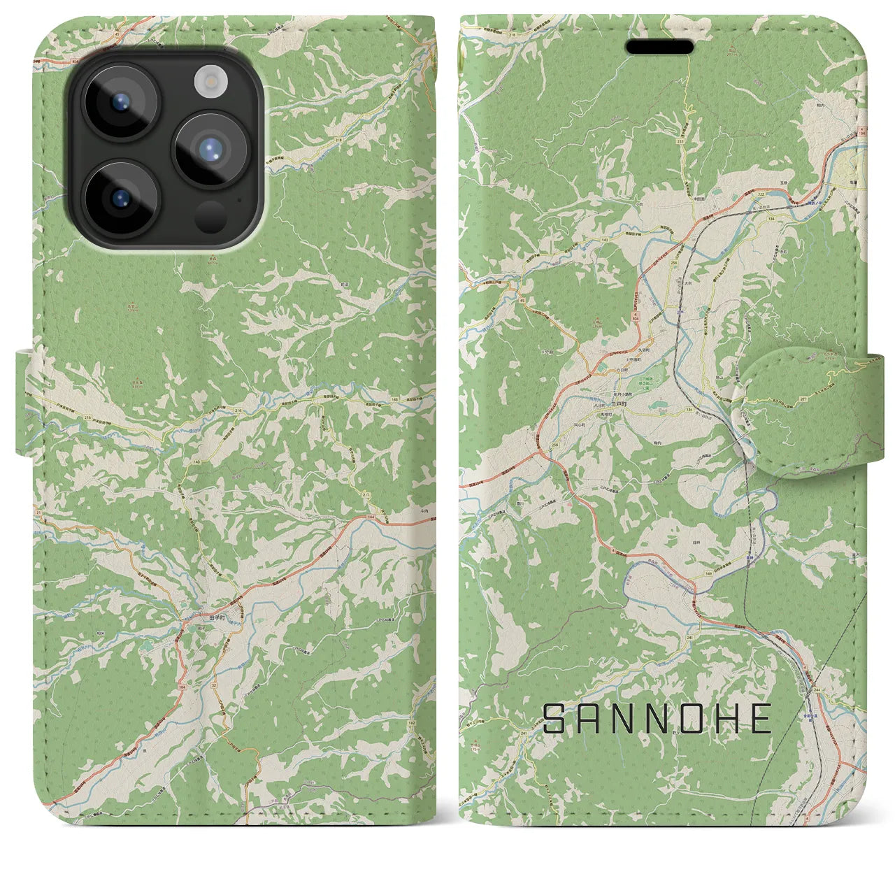 【三戸(青森県)】地図柄iPhoneケース(手帳タイプ)ナチュラル・iPhone 15 Pro Max 用